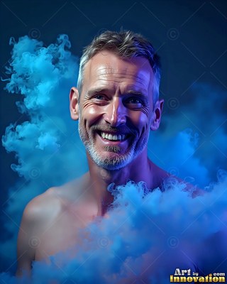 In a dark studio, a man with no shirt smiling is surrounded by bright blue smoke