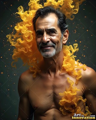 Smiling gently, a shirtless older man is surrounded by trails of yellow smoke