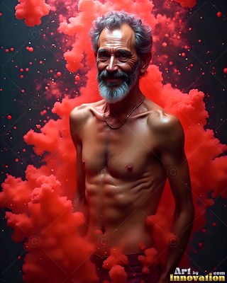 A smiling shirtless older man standing in red smoke