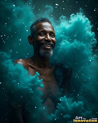 Gray beard on a shirtless smiling man surrounded by thick clouds of turquoise smoke