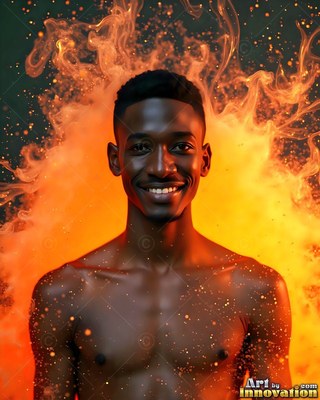 A grinning shirtless man stands framed by bright orange fire and floating sparks