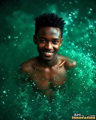 Facing forward in dark green smoke, a smiling shirtless man is covered in powder