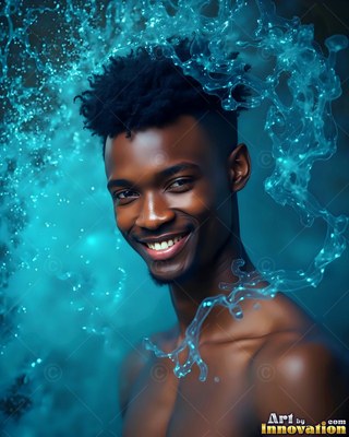 A grinning shirtless man is surrounded by bright turquoise water splashes