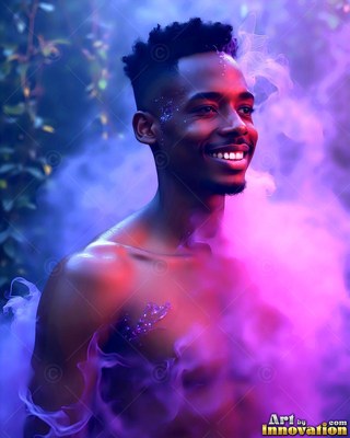 In purple and blue smoke, a smiling bare-chested man stands among plants