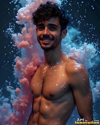 Smiling warmly, a shirtless man is standing in front of pink and blue smoke clouds