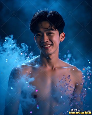 Smiling shirtless man surrounded by blue smoke and water droplets