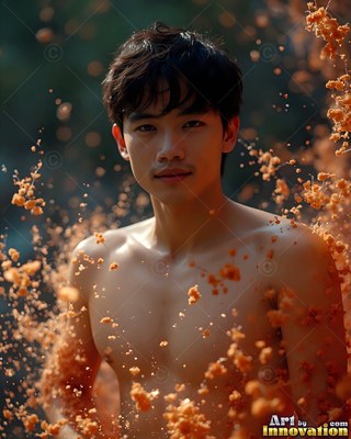 Dark ruffled hair frames a shirtless young man surrounded by floating orange powder flakes