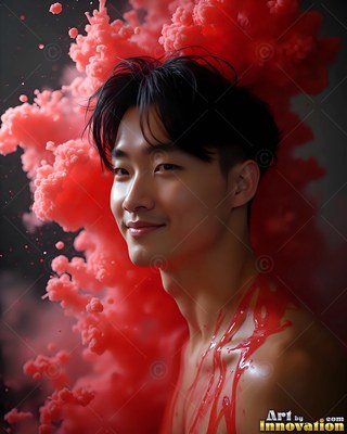 A shirtless man smiles as thick pink smoke rises behind him and drips down his chest