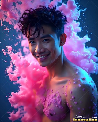 Turned sideways, a smiling man stands in dark space filled with pink powder clouds
