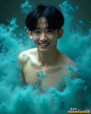 A smiling shirtless young man surrounded by clouds of turquoise powder