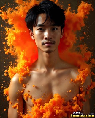 Against a dark backdrop, a shirtless man is surrounded by bright orange powder clouds