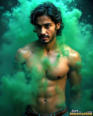 Standing bare-chested, a man looks ahead through thick clouds of green powder