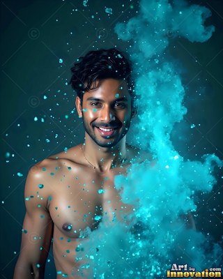 A smiling shirtless man beside a cloud of bright blue powder