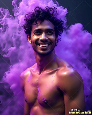 Dark curly hair frames a grinning shirtless man surrounded by thick purple smoke