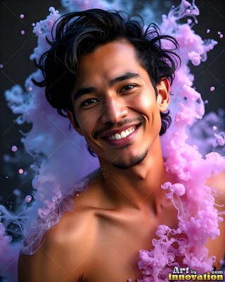 A shirtless man smiles as thick puffs of pale pink smoke swirl around his shoulders