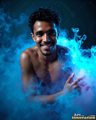 Facing forward in blue smoke, a grinning shirtless man poses against black