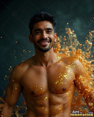 A shirtless man with a smile with gold powder bursting around his bare chest