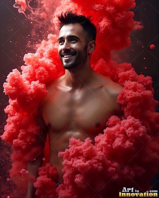 In a dark space, a shirtless smiling man is wrapped in clouds of red smoke