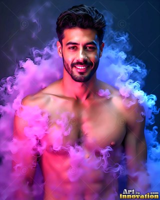 Smiling forward, a shirtless bearded man stands encircled by pink and blue smoke