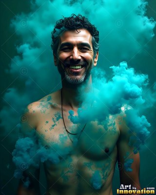 Shirtless man with a smile surrounded by blue smoke puffs