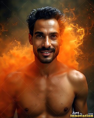 Smiling dark-haired shirtless man framed by bright orange smoke on a dark background