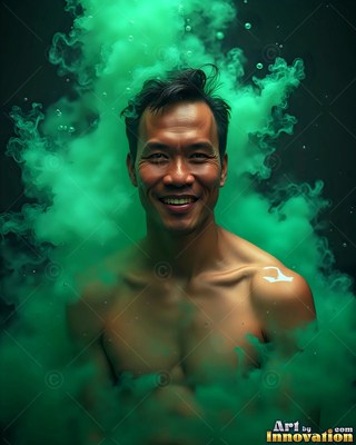 A shirtless man smiles as thick green smoke swirls around his shoulders
