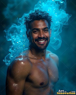 Facing forward in blue smoke, a shirtless smiling man with wet skin