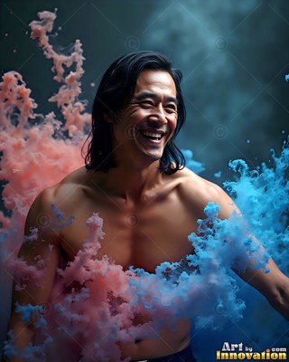 A man with no shirt smiling with dark hair surrounded by pink and blue smoke
