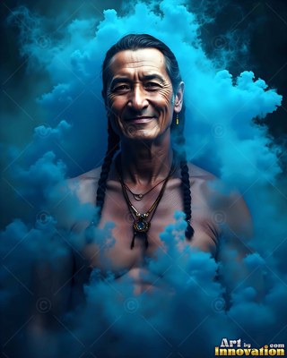 In dark blue smoke, a shirtless smiling man with braided hair looks forward