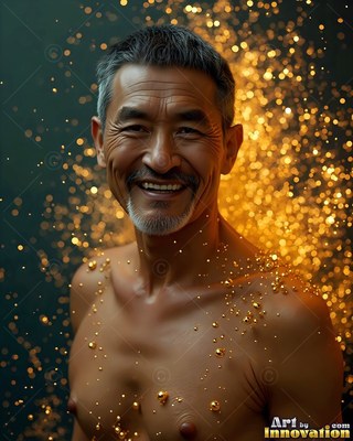 Smiling broadly, a shirtless older man is showered in bright yellow sparkles