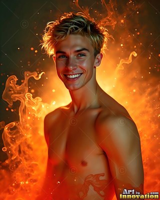 Smiling shirtless blond man surrounded by orange smoke and sparks