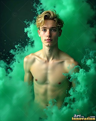 Wavy blond hair frames a shirtless man surrounded by clouds of green smoke