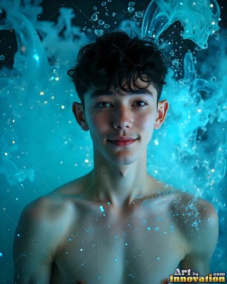 A young man smiles softly while bright turquoise smoke and bubbles rise around him