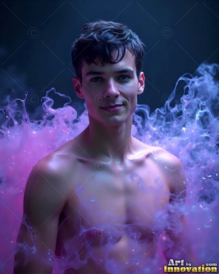 Facing forward in the dark, a man without a shirt stands wrapped in purple smoke