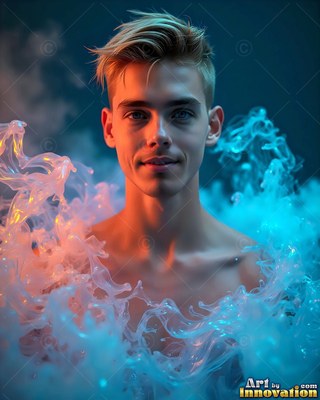A shirtless young man smiles as bright blue and orange smoke swirls around him