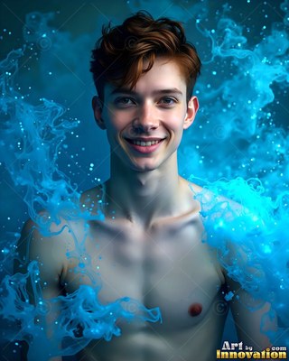 In a swirl of bright blue smoke, a smiling shirtless young man faces forward