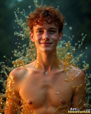 Smiling gently, a shirtless man is splashed with clear yellow liquid