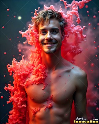 A smiling shirtless man covered by pink powder clouds