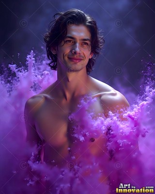 Wavy dark hair frames a man with no shirt smiling surrounded by violet smoke clouds