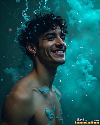 A shirtless man smiles as turquoise smoke and specks of gold light drift around him