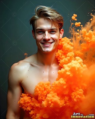Facing forward against a dark wall, a shirtless man smiles in orange smoke