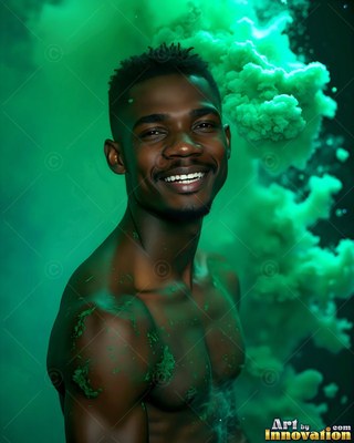 A shirtless smiling man stands beside a thick cloud of green smoke