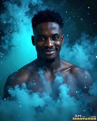 In blue smoke and falling dust, a smiling shirtless man looks forward
