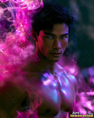 Gazing ahead, a shirtless man with bright blue eyes is surrounded by pink smoke