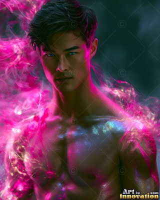 Shirtless man with bright pink smoke around him