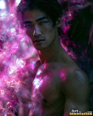 Bright blue eyes gaze forward as a bare-chested man stands enveloped in pink smoke and glitter