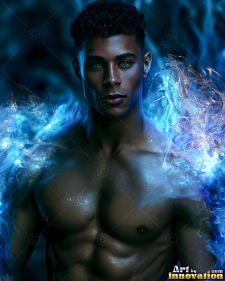 A shirtless man is standing surrounded by bright blue smoke curling off his shoulders