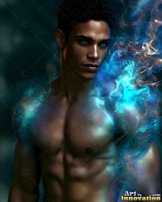 Turned slightly in the dark, a shirtless man has blue smoke rising from his shoulder