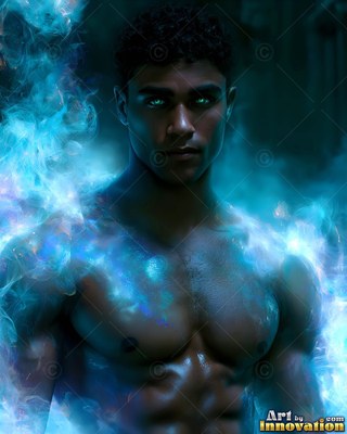 A shirtless man looks ahead with bright blue smoke rising around his shoulders