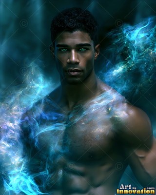In a dark space, a shirtless man is surrounded by wisps of bright blue smoke